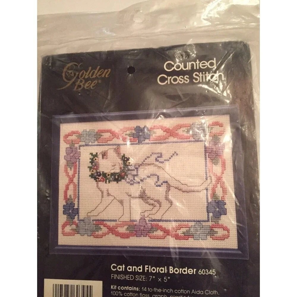 Golden Bee Counted Cross Stitch Kit Cat Floral Border 60345 Embroidery 7x5 NOS